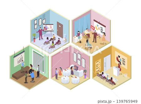 Business training 3d isometric rooms concept in isometry graphic design for web. People learning at conference hall, meeting and coaching, teacher making presentation in class. Vector illustration. 139765949