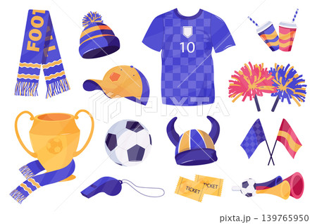 Football items mega set elements in flat cartoon graphic design. Bundle objects of fan scarf and hat, player t-shirt, cap, trophy gold cup, ball, whistle, tickets, flags, other. Vector illustration. 139765950
