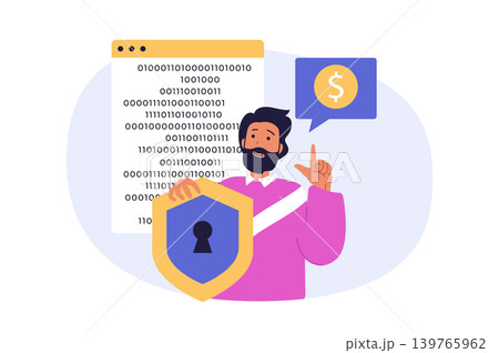 Cyber security concept in modern flat design for web. Man using protective system for his personal finance accounts with encryptions and locking access with key verification. Vector illustration. 139765962