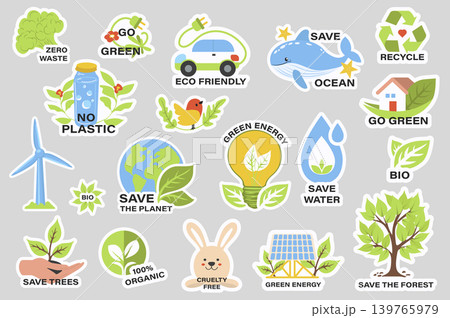 Ecology stickers with slogans set elements in flat graphic design. Collection of zero waste, go green, eco friendly, save ocean, recycle, no plastic, bio, organic, cruelty free. Vector illustration. 139765979