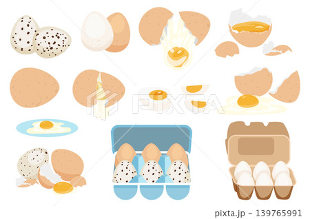 Fresh and boiled eggs mega set elements in flat graphic design. Bundle objects of different colors eggs, cracked eggshell and yolks, slices, products in cardboard containers. Vector illustration. Fresh and boiled eggs mega set elements in flat graphic design. Bundle objects of different colors eggs, cracked eggshell and yolks, slices, products in cardboard containers. Vector illustration. 139765991