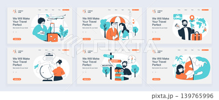 Travel concept of landing page with slide templates set in flat design. Website headers with people go in vacation, travelling in couple, booking tickets, planning global trip. Vector illustrations. Travel concept of landing page with slide templates set in flat design. Website headers with people go in vacation, travelling in couple, booking tickets, planning global trip. Vector illustrations. 139765996