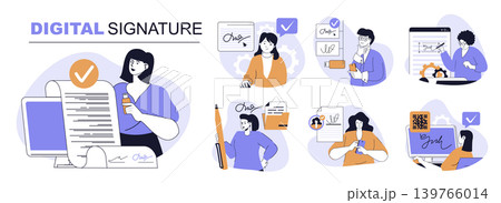 Digital signature concept set in flat web design. People in isolated scenes signing legal documents with electronic identification certificate with verification technology. Vector illustrations. Digital signature concept set in flat web design. People in isolated scenes signing legal documents with electronic identification certificate with verification technology. Vector illustrations. 139766014