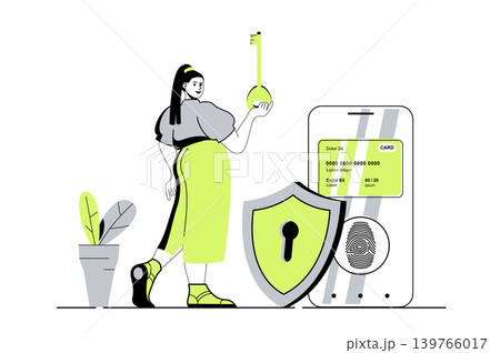 Secure payment web concept with flat cartoon people for website design. Woman paying for purchases with credit card and protection service with fingerprint scan and personal key. Vector illustration. 139766017