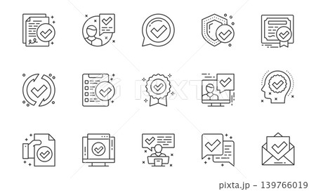 Certificate icons set in outline stroke design for web. Pack line pictograms with document approve, signing, quality, qualification, checkmark, safety guarantee, diploma, other. Vector illustration. 139766019