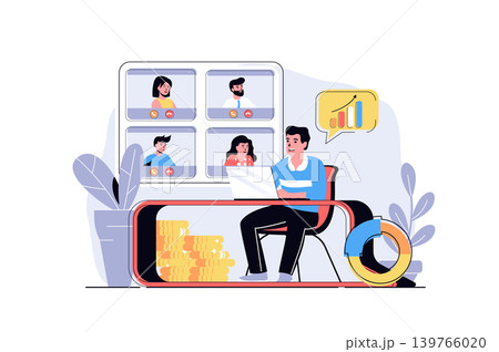 Video business conference web concept with cartoon people design. Man and woman discussing tasks at online meeting, working remotely in zoom. Flat vector illustration isolated on white background. Video business conference web concept with cartoon people design. Man and woman discussing tasks at online meeting, working remotely in zoom. Flat vector illustration isolated on white background. 139766020