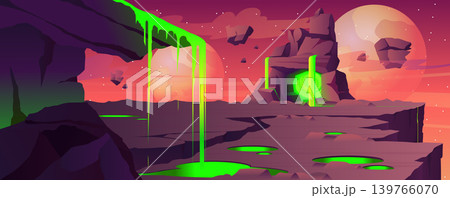 Stones space with green toxic liquid background for banner design. Dark and dangerous rocky land with creepy cavern and poisons flow lake, mountains with glowing water. Vector cartoon illustration Stones space with green toxic liquid background for banner design. Dark and dangerous rocky land with creepy cavern and poisons flow lake, mountains with glowing water. Vector cartoon illustration 139766070