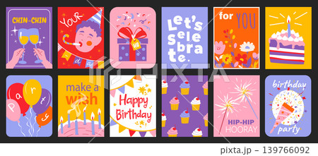 Birthday party typography template posters. Covers with champagne cheers, garland, gift, flower, cake with candles, balloons, other. Social media banners set in retro 90s design. Vector illustration. Birthday party typography template posters. Covers with champagne cheers, garland, gift, flower, cake with candles, balloons, other. Social media banners set in retro 90s design. Vector illustration. 139766092