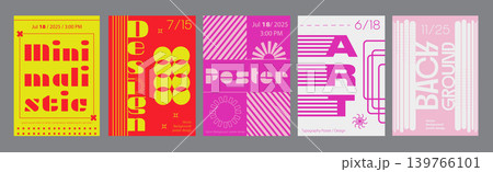 Minimalism geometric poster cover set. A4 banners with brutalism forms, square shape frames, line grids, bold figures, playful colours. Modernism art design with Y2K aesthetics. Vector illustration. Minimalism geometric poster cover set. A4 banners with brutalism forms, square shape frames, line grids, bold figures, playful colours. Modernism art design with Y2K aesthetics. Vector illustration. 139766101