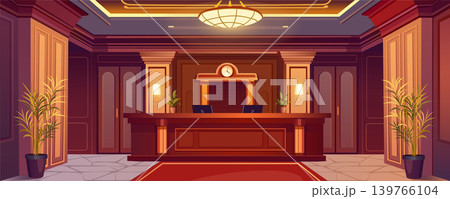 Luxury lobby interior background banner for game design. Hotel or office reception with registration desk with computers, classic style walls and red carpet, lamps, plants. Vector cartoon illustration Luxury lobby interior background banner for game design. Hotel or office reception with registration desk with computers, classic style walls and red carpet, lamps, plants. Vector cartoon illustration 139766104