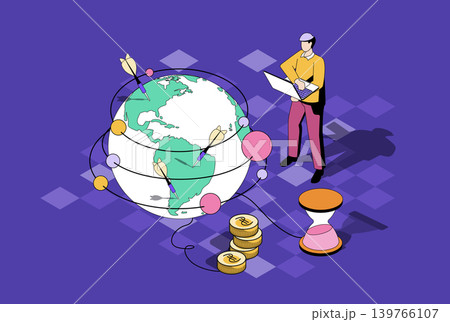 Global strategy web concept in 3d isometric graphic design. Isometry people scene with man developing worldwide business, planning company branches open and developing processes. Vector illustration. Global strategy web concept in 3d isometric graphic design. Isometry people scene with man developing worldwide business, planning company branches open and developing processes. Vector illustration. 139766107