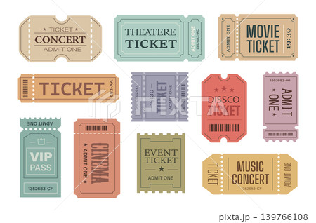 Retro ticket templates set in flat graphic design. Collection isolated elements of vip pass, access badges to concert, theatre, movie, disco, cinema, music festival show, other. Vector illustration. Retro ticket templates set in flat graphic design. Collection isolated elements of vip pass, access badges to concert, theatre, movie, disco, cinema, music festival show, other. Vector illustration. 139766108