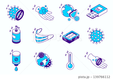 Disease prevention concept 3d isometric icons set for web isometry design. Collection elements of virus stop, washing hand, pills, antiseptic, medical mask, global epidemic, more. Vector illustration. Disease prevention concept 3d isometric icons set for web isometry design. Collection elements of virus stop, washing hand, pills, antiseptic, medical mask, global epidemic, more. Vector illustration. 139766112