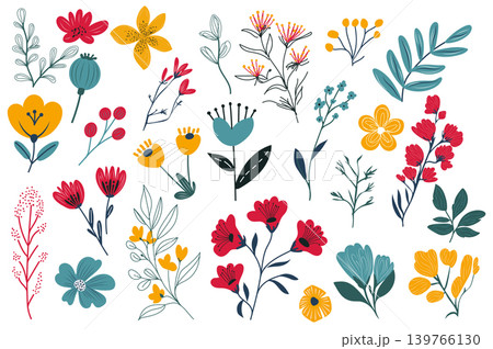 Summer flower set in flat graphic design. Collection isolated elements with colourful drawing poppy, daisy, rose, other meadow wildflowers, floral blooms, leaves, twigs and grass. Vector illustration. 139766130