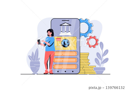 Mobile banking web concept with cartoon people design. Woman making financial management, accounting and transaction, paying for purchase in app. Flat vector illustration isolated on white background. Mobile banking web concept with cartoon people design. Woman making financial management, accounting and transaction, paying for purchase in app. Flat vector illustration isolated on white background. 139766132