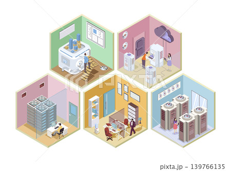 Data center 3d isometric rooms concept in isometry graphic design for web. People working with database system, making technical support and server maintenance, cloud processing. Vector illustration. Data center 3d isometric rooms concept in isometry graphic design for web. People working with database system, making technical support and server maintenance, cloud processing. Vector illustration. 139766135