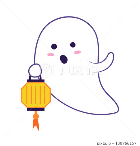 Halloween cute ghost in flat design. Spooky spirit holding lantern. Vector illustration isolated. Halloween cute ghost in flat design. Spooky spirit holding lantern. Vector illustration isolated. 139766157