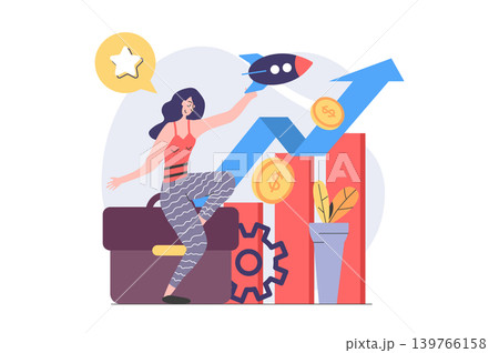 Business activities concept in modern flat design for web. Woman entrepreneur doing strategy analysis and developing startup company, planning challenges and investing finance. Vector illustration. Business activities concept in modern flat design for web. Woman entrepreneur doing strategy analysis and developing startup company, planning challenges and investing finance. Vector illustration. 139766158