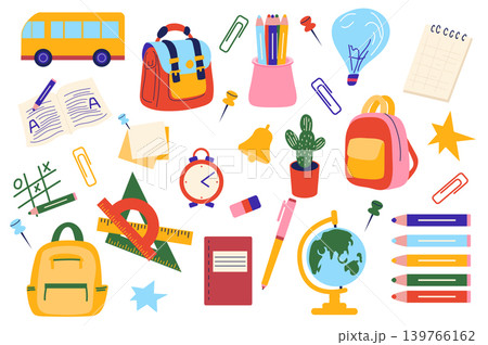 School supplies set in flat graphic design. Collection elements of yellow bus, schoolbag, note, light bulb, notebook, sticker, rulers, pencil, pen, cactus, globe, crayons, other. Vector illustration. School supplies set in flat graphic design. Collection elements of yellow bus, schoolbag, note, light bulb, notebook, sticker, rulers, pencil, pen, cactus, globe, crayons, other. Vector illustration. 139766162