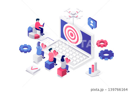 Target audience 3d isometric concept in geometry graphic design for web. People analyzing accurate target group, researching market and customers, creating promotion strategy. Vector illustration. Target audience 3d isometric concept in geometry graphic design for web. People analyzing accurate target group, researching market and customers, creating promotion strategy. Vector illustration. 139766164