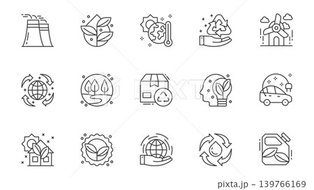 Renewable energy icons set in outline stroke design for web. Pack line pictograms with industry, green plant, global warm, recycling, wind turbine, forest,cardboard reuse, other. Vector illustration. 139766169