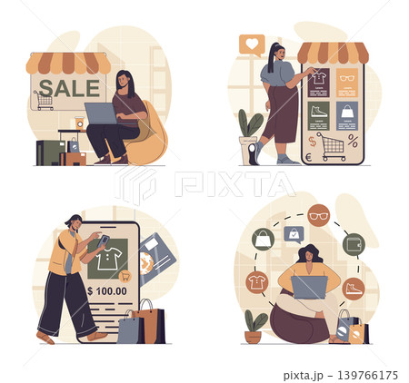 Online shopping concept scenes set in flat web design. People in situations of choosing new products at internet stores at sales, ordering and paying purchases in mobile app. Vector illustrations. Online shopping concept scenes set in flat web design. People in situations of choosing new products at internet stores at sales, ordering and paying purchases in mobile app. Vector illustrations. 139766175