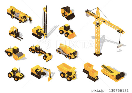 Construction equipment 3d isometric mega set in flat design. Collection isometry elements of trucks, bulldozers, concrete mixer, tractors, backhoes, forklifts, other machinery. Vector illustration. Construction equipment 3d isometric mega set in flat design. Collection isometry elements of trucks, bulldozers, concrete mixer, tractors, backhoes, forklifts, other machinery. Vector illustration. 139766181