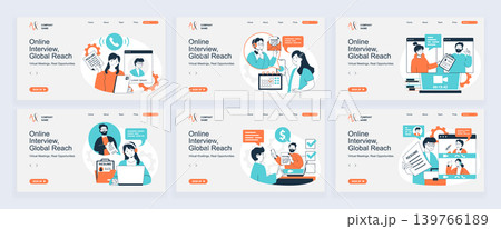 Online job interview concept of landing page with slide templates set in flat design. Website headers with people search new employee, interview candidates by video and hiring. Vector illustrations. Online job interview concept of landing page with slide templates set in flat design. Website headers with people search new employee, interview candidates by video and hiring. Vector illustrations. 139766189