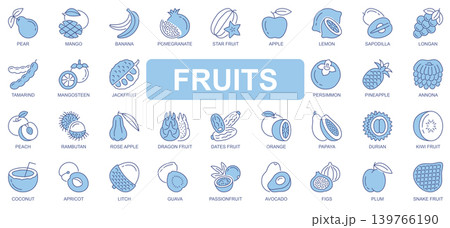 Fruits icons set in duotone outline stroke design for web. Pack pictograms of pear, mango, banana, pomegranate, apple, lemon, tamarind, mangosteen, jackfruit, persimmon, other. Vector illustration. Fruits icons set in duotone outline stroke design for web. Pack pictograms of pear, mango, banana, pomegranate, apple, lemon, tamarind, mangosteen, jackfruit, persimmon, other. Vector illustration. 139766190