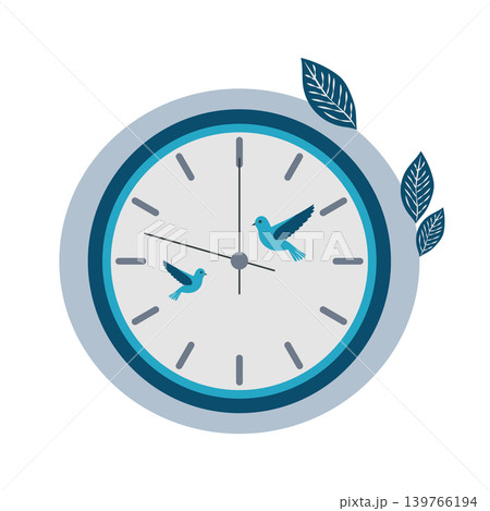 Wall decorative clock in flat design. Round clock with birds and leaves. Vector illustration isolated. Wall decorative clock in flat design. Round clock with birds and leaves. Vector illustration isolated. 139766194