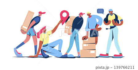 International logistics concept in cartoon web design. People work in worldwide delivery company, courier service, load boxes, shipping parcels. Flat vector illustration isolated on white background. International logistics concept in cartoon web design. People work in worldwide delivery company, courier service, load boxes, shipping parcels. Flat vector illustration isolated on white background. 139766211