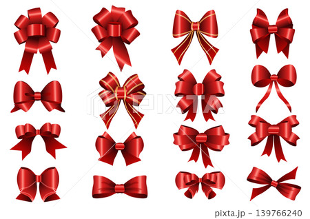 Red bows mega set realistic elements in flat graphic design. Bundle objects of shiny satin and silk gift bows with different knot types, luxury ribbons for package present decor. Vector illustration. 139766240