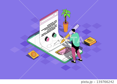 Electronic contract web concept in 3d isometric graphic design. Isometry people scene with businessman signing agreement legal document in digital form with safety verification. Vector illustration. Electronic contract web concept in 3d isometric graphic design. Isometry people scene with businessman signing agreement legal document in digital form with safety verification. Vector illustration. 139766242