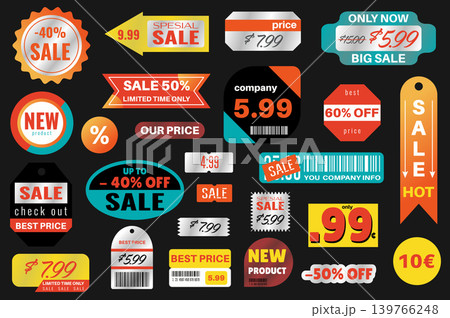 Sale stickers set in flat graphic design. Collection elements of different simple shopping promo labels with discount prices, special offers, limited product announcement, other. Vector illustration. 139766248