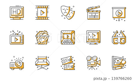 Cinema icons set in outline stroke design for web. Pack line pictograms with television, movie, film strip, theater mask, director clapperboard, popcorn, video, 3d glasses, other. Vector illustration. Cinema icons set in outline stroke design for web. Pack line pictograms with television, movie, film strip, theater mask, director clapperboard, popcorn, video, 3d glasses, other. Vector illustration. 139766260