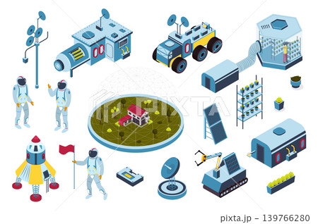 Space colonization 3d isometric mega set in isometry graphic design. Collection elements of astronauts, research science station, rockets, satellites, robot rover, bunker, other. Vector illustration. 139766280