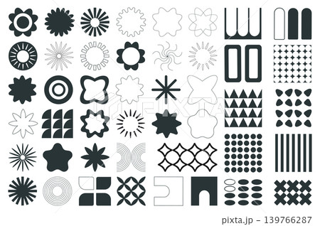 Brutalist geometric shapes mega set elements in flat graphic design. Bundle objects of simplicity symbols with flowers, suns, stars, circles, squares, grids, curves and other. Vector illustration. 139766287