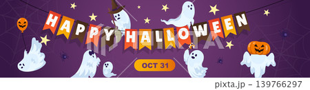 Happy Halloween banner design. Party invitation purple template with spiders, spooky ghosts in pumpkin or witch hat flying by garland, scaring and fearing, hold candy or balon. Vector illustration. Happy Halloween banner design. Party invitation purple template with spiders, spooky ghosts in pumpkin or witch hat flying by garland, scaring and fearing, hold candy or balon. Vector illustration. 139766297