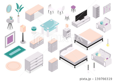 Furniture 3d isometric mega set in isometry graphic design. Collection elements of mirror, plant, table, carpet, floor lamp, nightstand, chest, bed, armchair, tv, chair, other. Vector illustration. Furniture 3d isometric mega set in isometry graphic design. Collection elements of mirror, plant, table, carpet, floor lamp, nightstand, chest, bed, armchair, tv, chair, other. Vector illustration. 139766319