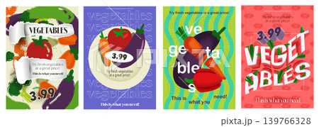 Vegetables cover typography template for advertising design. Food posters and greeting cards with tomato, carrot, eggplant, broccoli, zucchini and others with price for grocery. Vector illustration. 139766328