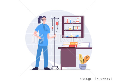 Medicine concept in modern flat design for web. Nurse with dropper helps patients in hospital wards, doing assistance, supports in intensive resuscitation, taking care in clinic. Vector illustration. 139766351