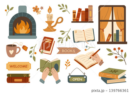 Cozy bookshop set in flat graphic design. Collection isolated elements of books, fireplace, candle, bookshelf, window, tea cup, welcome and open banners, reading, flowers, other. Vector illustration. Cozy bookshop set in flat graphic design. Collection isolated elements of books, fireplace, candle, bookshelf, window, tea cup, welcome and open banners, reading, flowers, other. Vector illustration. 139766361