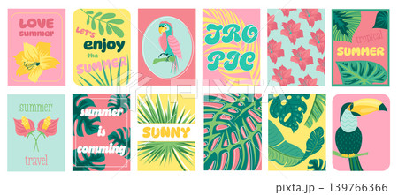 Tropical summer cover typography template for posters, prints. Minimalistic banners set with jungle leaves, green monstera, palms, tropic flowers, parrot and toucan on brunches. Vector illustration. 139766366