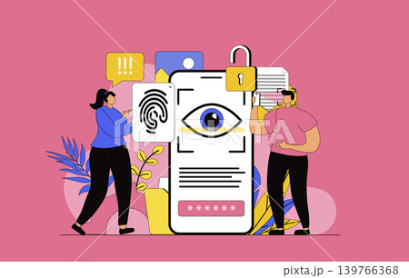 Biometric access control concept with modern flat design for web. Woman and man unlocking mobile phone using fingerprint scanner and eye recognition. Personal data protection. Vector illustration. Biometric access control concept with modern flat design for web. Woman and man unlocking mobile phone using fingerprint scanner and eye recognition. Personal data protection. Vector illustration. 139766368