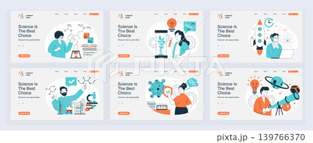 Science lab concept of landing page with slide templates set in flat design. Website headers with people make chemical research in flask, work at astronomy engineering programs. Vector illustrations. 139766370