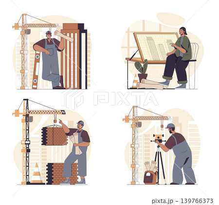 Construction engineer concept scenes set in flat web design. People in situations of making house construct and brickwork, creating architect blueprint, working at building site. Vector illustrations. Construction engineer concept scenes set in flat web design. People in situations of making house construct and brickwork, creating architect blueprint, working at building site. Vector illustrations. 139766373