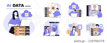 AI data center concept set in flat web design. People in isolated scenes using network computing with artificial intelligence technology, cloud processing and server computing. Vector illustrations. 139766379