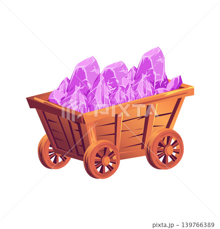 Mining cart with pink crystals in flat design. Wheelbarrow with treasure. Vector illustration isolated. Mining cart with pink crystals in flat design. Wheelbarrow with treasure. Vector illustration isolated. 139766389