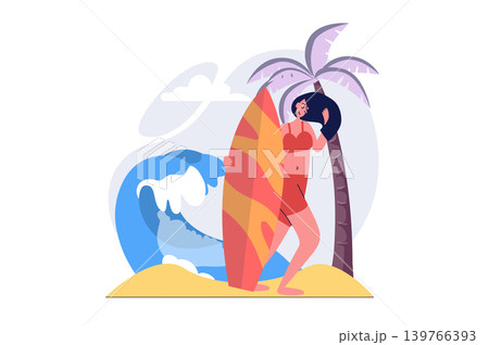 Hobby concept in modern flat design for web. Woman with surfboard doing extreme water sport at seaside resort, surfing and relaxing in favorite leisure and pastime activity. Vector illustration. Hobby concept in modern flat design for web. Woman with surfboard doing extreme water sport at seaside resort, surfing and relaxing in favorite leisure and pastime activity. Vector illustration. 139766393