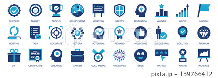 Success icon set in flat duotone solid icons web design. Pack pictograms with target, trophy achievement, strategy, motivation, winner, grow, mission, accurate, victory, other. Vector illustration. 139766412
